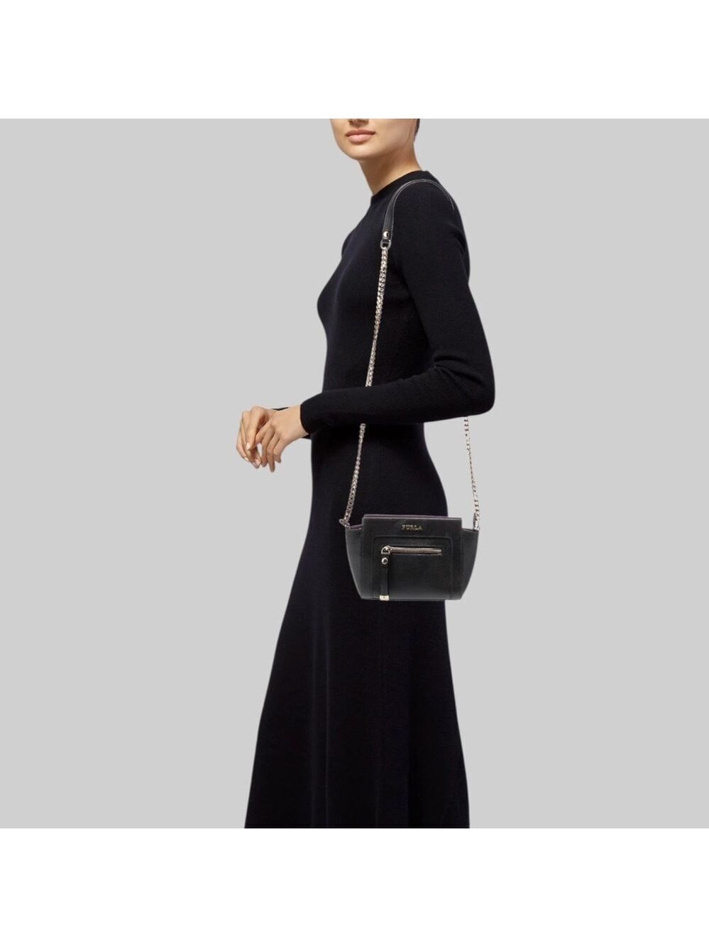 FURLA Mini Ginerva Genuine Saffiano Leather Black Crossbody Bag Chain Strap